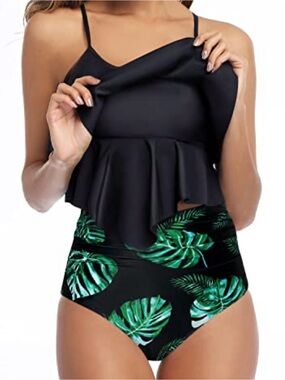 New Tempt Me Black and Green Leaf 2Pieces Swimsuit with Ruffle